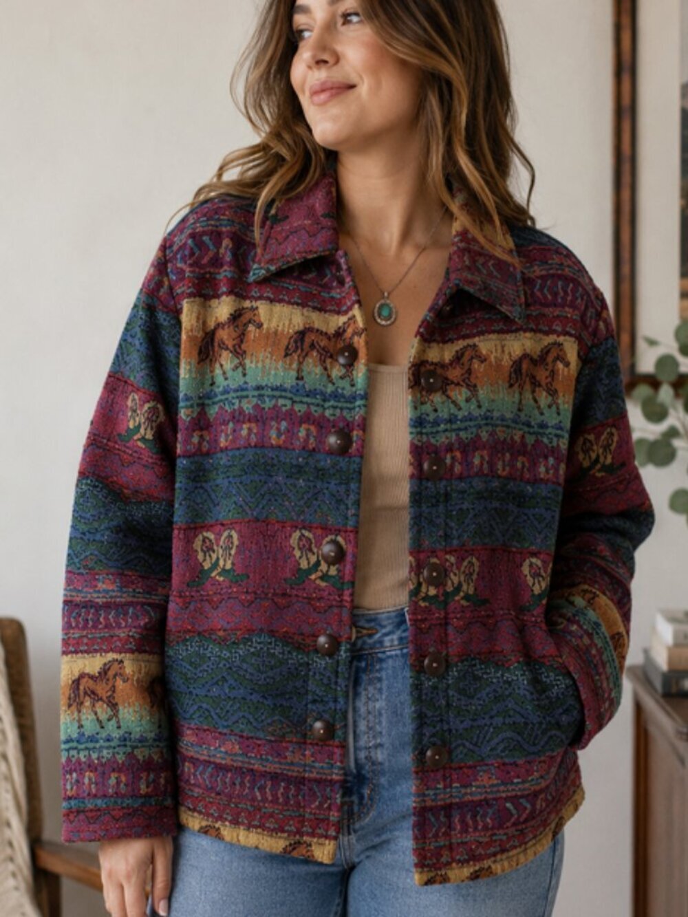 Vintage Woman Southwest Horse Tapestry Jacket Size 1X Western Boho